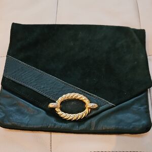 Vintage Elegant Dark Green Suede & Leather Clutch with Gold Accent